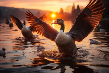 Flock of geese soaring across the lake, beautiful sunrise image