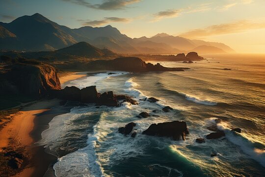 Aerial view of majestic mountains meeting seaside, beautiful sunrise image