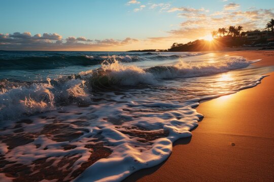 Sunrise shore gentle waves embracing the beach, beautiful sunrise image