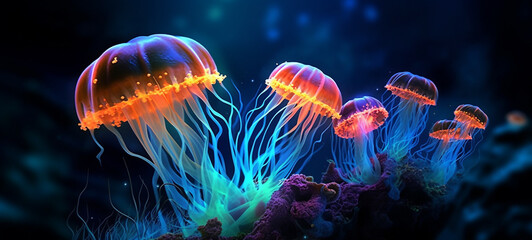 Image of Brightly Neon Glowing Jellyfish in the Water - Best-Selling Adobe Stock Image for Vibrant, Mesmerizing, and Captivating Underwater Visuals, Visual Art, Marine Scene, Elegant