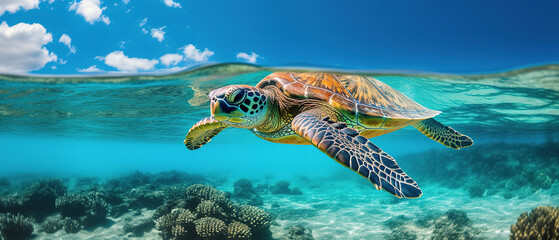 a sea turtle in a clear ocean ocean background with blue skies and bright turquoise water