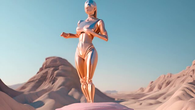 Chrome robot woman dancing in the desert. Artificial intelligence rise and shiny. Mechanical beauty. Generated AI
