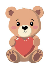 Cute Teddy bear holding a big heart. Valentine's Day card. Vector flat illustration. Isolated on a white background.