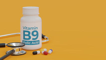 Vitamin B9 folic acid supplement bottle on yellow background 3d illustration. Folic acid aid proper...