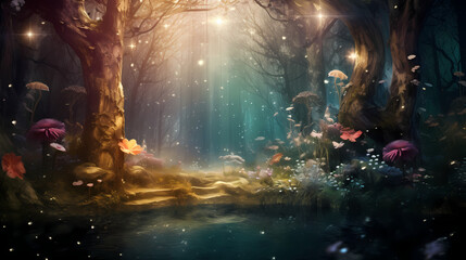 Whispering Woods of Enchantment: A Luminous Journey into Fairy-Tale Fantasy - obrazy, fototapety, plakaty