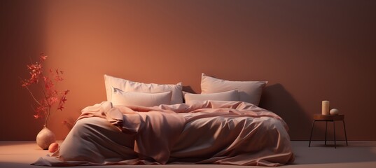 Cozy Bedroom with Soft Peach Fuzz Bedding, Modern Trendy Tone, Providing Free Copy Space