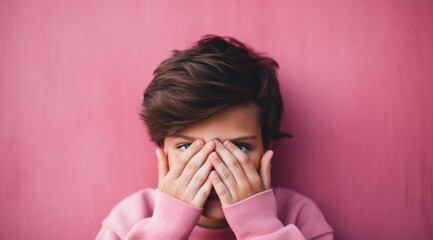 A boy covering his face with his hands