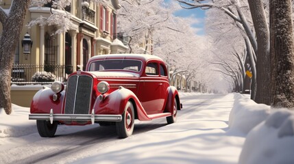 Winter wonderland: Retro car on a road surrounded by snowy trees and houses.