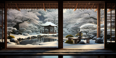 japanese winter garden view through doorway, Engawa house, Japanese style. A view of a snow covered garden through a window. AI generative.