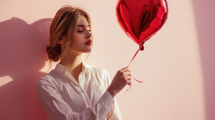 woman with a heart shaped red balloon, happy valentines day - Powered by Adobe