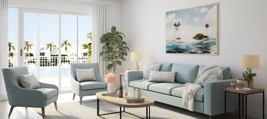 Interior mockup idea with watercolor beautiful paradise cove. Fresh, relaxing summer concept