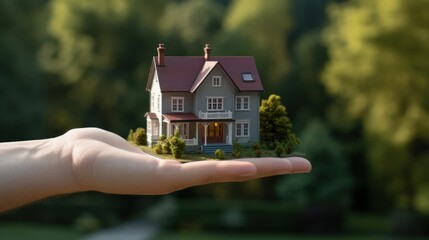 Country house in the palm of your hand against a green background. Concept: Life outside the metropolis.