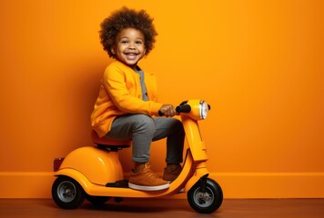 Adorable little boy riding an orange toy motorcycle
