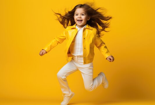 Little girl jumping with joy and flying through the air, Fictional Character Created by Generative AI. 