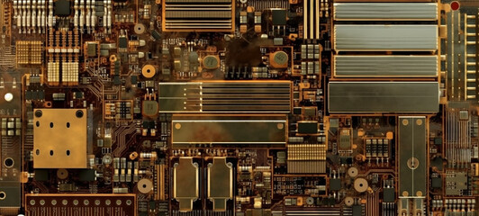 Retro Technology Nostalgic Details of Vintage Electronics, Gold Metal Electronic Parts, Inside Electronic Compartments, Insides of Hardrive Computer, Hardware Inside Electronic Devices General Circuit