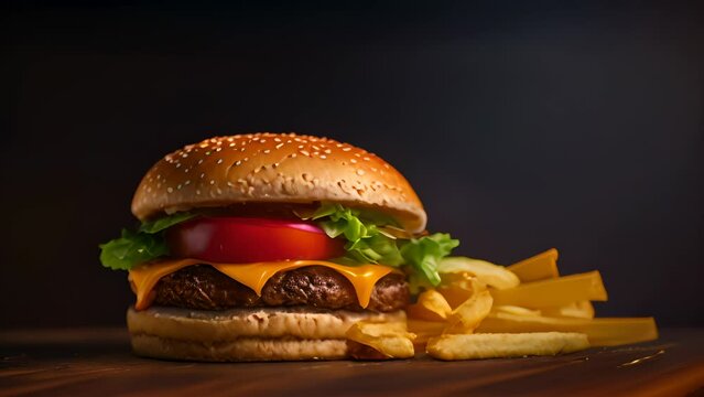 Juicy tasty hamburger on the table. Fast food image of a burger with grilled meat. Generated AI
