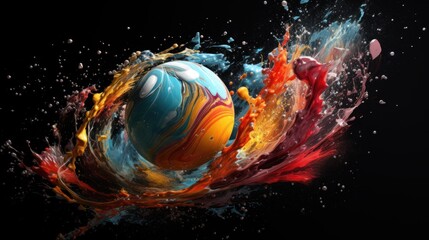 Dynamic abstraction: A colored ball dances in a whirlpool of vibrant paints on a black canvas. - obrazy, fototapety, plakaty