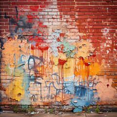 Urban Decay Weathered Graffiti on an Aged Brick Wall Portrait Layered Textures, Distressed Surfaces, Street Art Photography Of Chipping Paint, Colorful Brick Wall with Dripping Paint Falling Apart