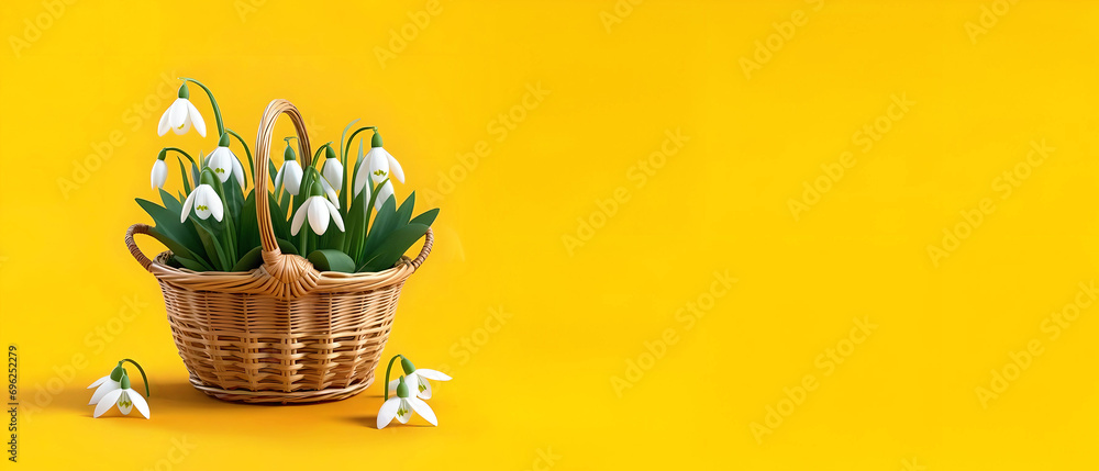 Poster beautiful bright colorful spring background with a basket of snowdrops on a yellow background.