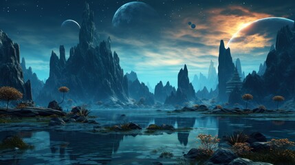Unearthly Night Vision: An alien world with rocks, water and peculiar vegetation under the glow of a distant satellite.