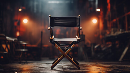 An empty director chair in front of an empty film set. Gloomy background, Empty black chair with sign Director and clapperboard in spotlight on filming set, A chair and a camera Generative AI
 - obrazy, fototapety, plakaty