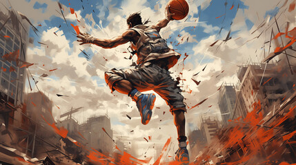 young men, basketball players in motion, throwing ball with hand and win.poster concept black athlete man playing basketball banner, ai generative  - Powered by Adobe