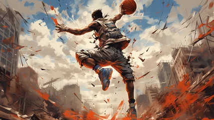 Foto auf Alu-Dibond young men, basketball players in motion, throwing ball with hand and win.poster concept black athlete man playing basketball banner, ai generative  © HayyanGFX