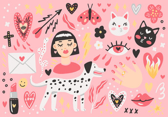 Hand-drawn vector set of design elements for St. Valentine's Day greeting card. Cute doodles - dog, hearts, cats, valentines on pink background
