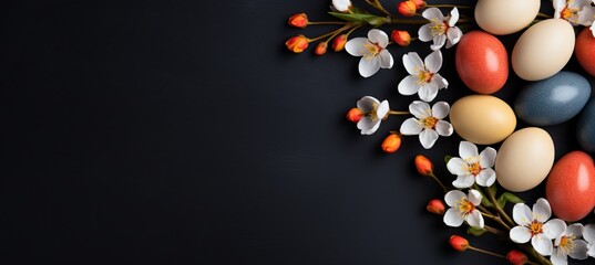 Colorful Easter Eggs and Blossoms on Dark Backdrop with Empty Space for Festive Greetings