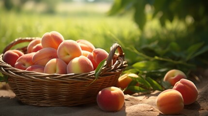 Ripe and juicy peaches, artfully arranged in a wicker basket amidst the greenery of a summer garden, a tempting harvest.