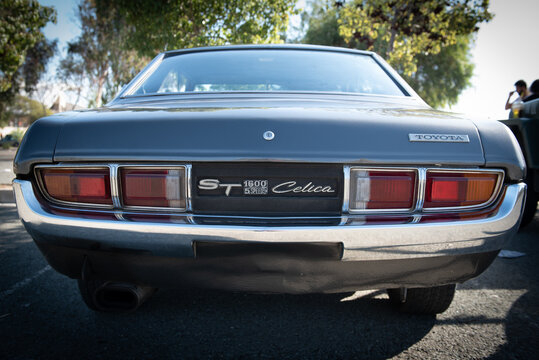 Rear view of Classic collectible Toyota Celica sport car. Vintage luxury cars