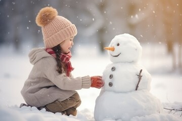 A young girl playing in the snow with a cute snowman A fictional character created by Generated AI.  - obrazy, fototapety, plakaty