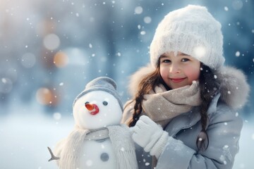 Obraz premium A Little Girl Hugging a Snowman on a Snowy Day A fictional character created by Generated AI. 