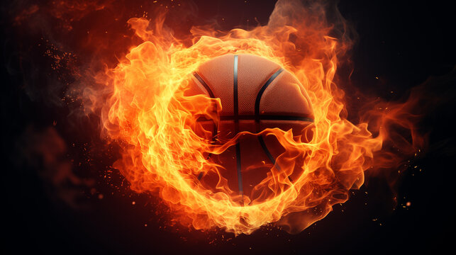 A burning basketball , basketball on fire, Basketball game concept, ai generative