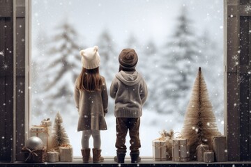 A child and an adult gazing at a snowy landscape, filled with Christmas trees and dreams of the...