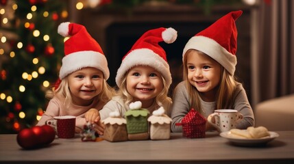 Fototapeta na wymiar Three Children Wearing Santa Hats and Posing with Cake Prepared for Christportraitas Day A fictional character created by Generated AI. 