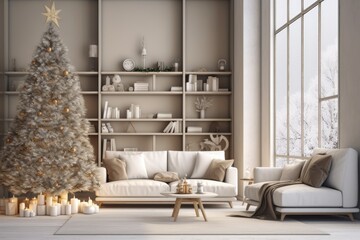 A Modern Christmas Living Room with a Large White Couch and a Christmas Tree