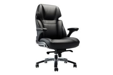 an actual black mid-back leather chair with a comfortable backrest and cushion, a fixed armrest,  white background PNG
