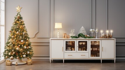 A cozy living room featuring a white cabinet and a Christmas tree