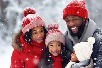 A family of four wearing winter hats and jackets poses for a picture in the snow A fictional character created by Generated AI. 