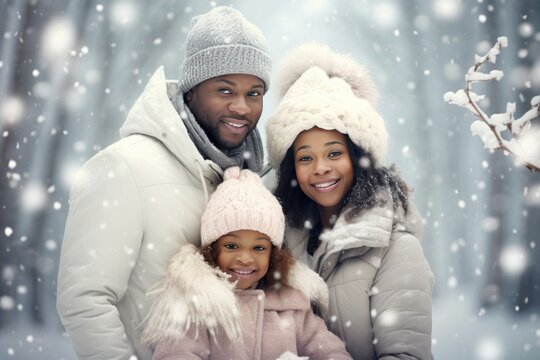A family of three wearing winter hats and coats poses for a picture in the snow A fictional character created by Generated AI. 