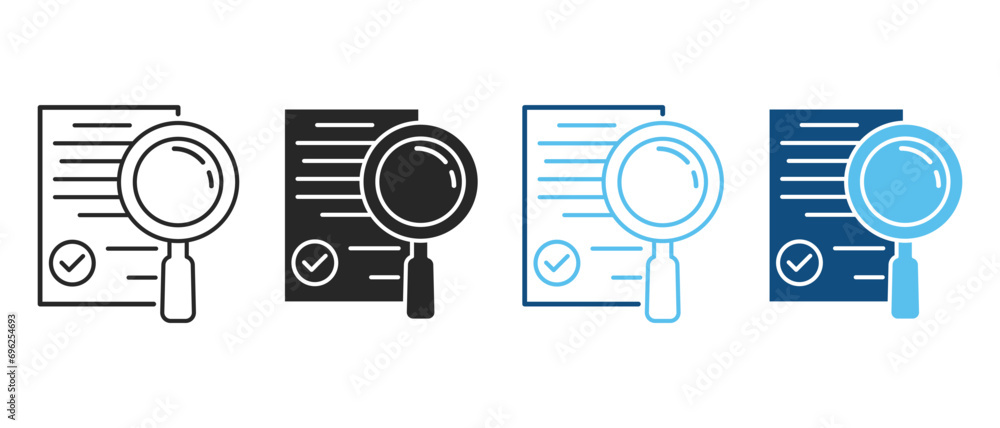 Poster document with magnifying glass line and silhouette icon set. study and research symbol collection. c
