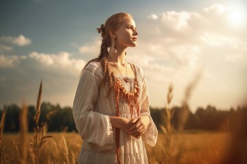 Slavic girl in sundress in rural meadow. Traditional dressed woman in wild nature field. Generate ai - obrazy, fototapety, plakaty