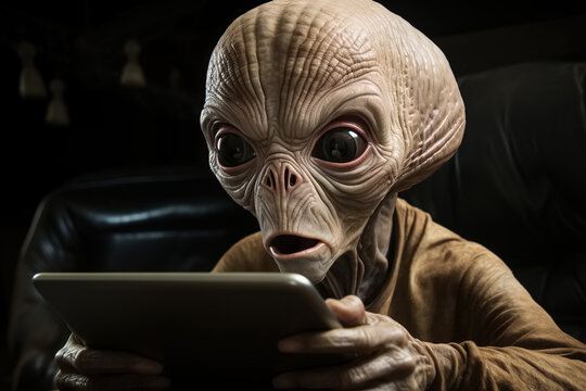 Shocked alien using a tablet indoors, looking at the gadget screen in surprise