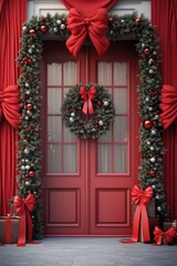 Fototapeta na wymiar A Red Door Decorated for Christmas with Garland and Wreath