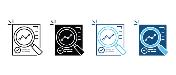 Document with Magnifying Glass Line and Silhouette Icon Set. concept of fraud search or accounting plan symbol