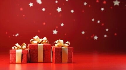 Five Red Gift Boxes with Stars and a Bow for Christmas