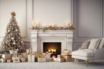 A Cozy Christmas Fireplace with a Tree and Gifts