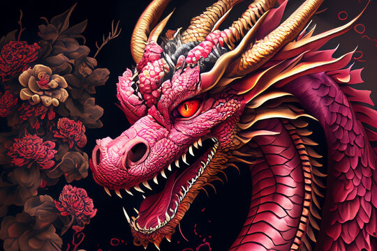 Red Dragon. dragon with red scales, flowers on a black background. new year concept