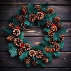 Fototapeta na wymiar Christmas Wreath with Pine Cones and Holly